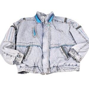 Vintage Acid Wash Denim Jacket Womens Blue Embroidered 80s Retro Heavy Coat